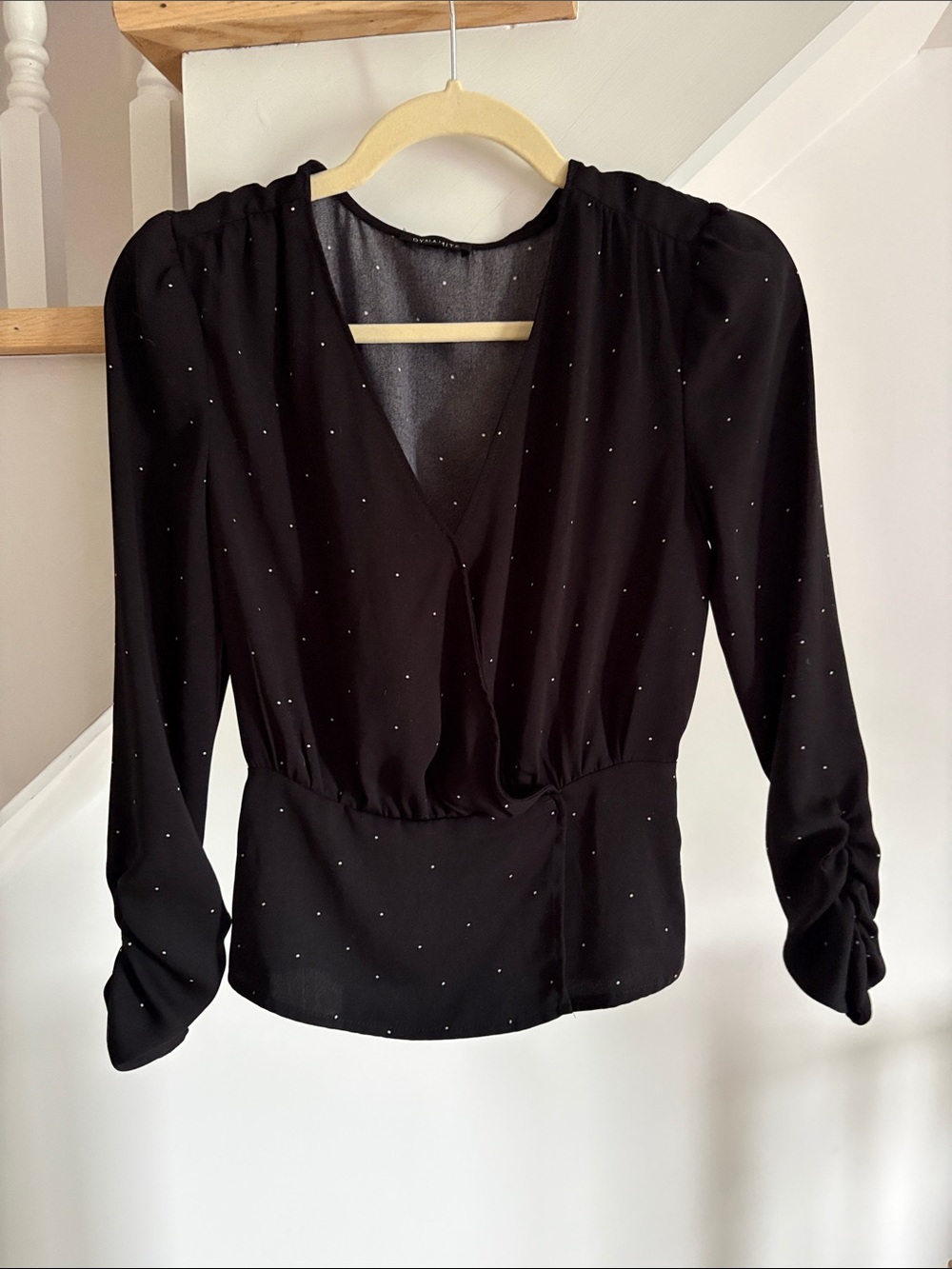 Dynamite Black Long-Sleeve V-Neck Blouse with Tiny Silver Dots